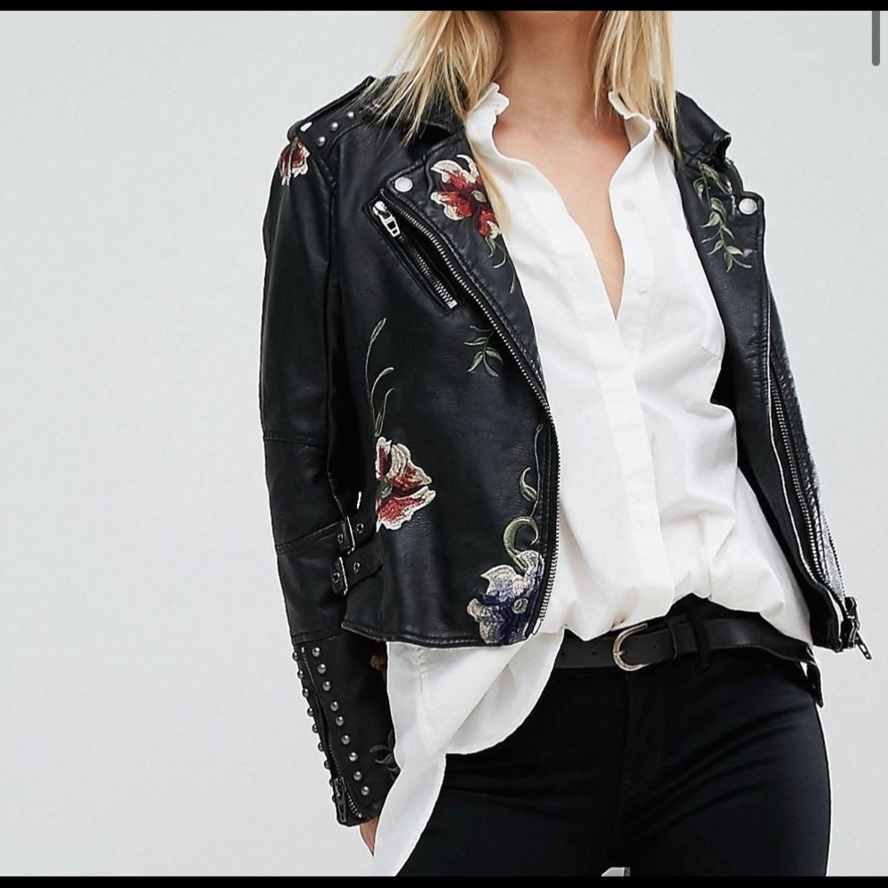 Blank NYC Leather Jacket with Floral Embroidery & Stud Detail